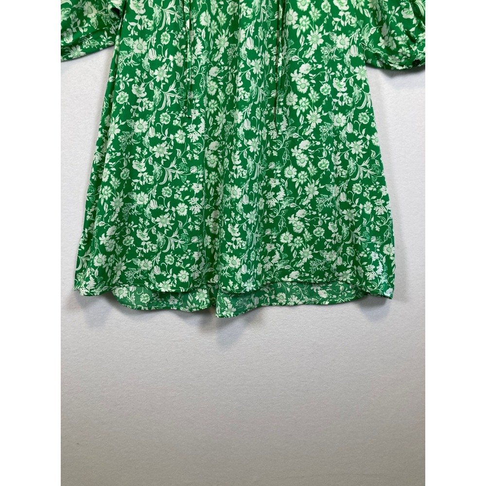 Cottagecore Dokotoo Women Large Green White Floral Puff Sleeve V-Neck Mini Dress - Picture 10 of 14